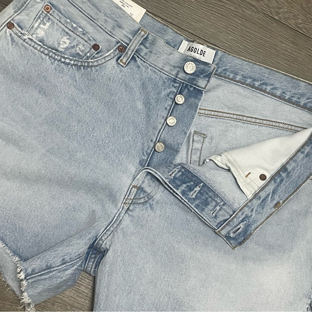 Agolde Parker Long Shorts Jinx Cut Off Hi Rise Denim Jean Light Wash Sz 32 NWT - Picture 11 of 13